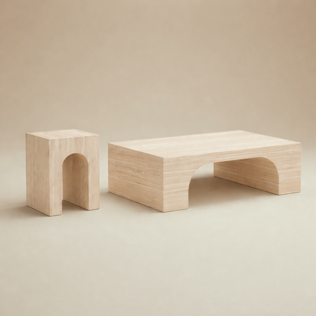 One travertine pattern matte coffee table and one side table in the beige backgroud