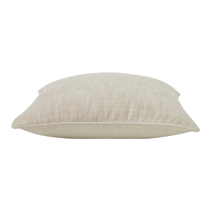 Side profile view of the plush Eloise woven throw pillow showcasing its thickness and tailored seam detailing.