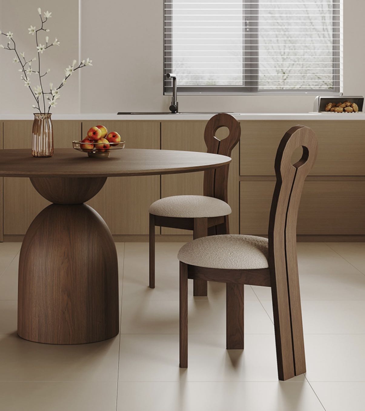 Evelyn walnut dining table with matching curved chairs in modern kitchen setting
