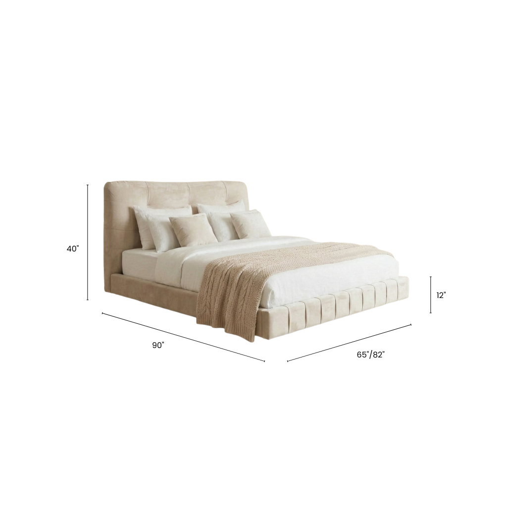 Beige upholstered bed with dimensions labeled on a white background