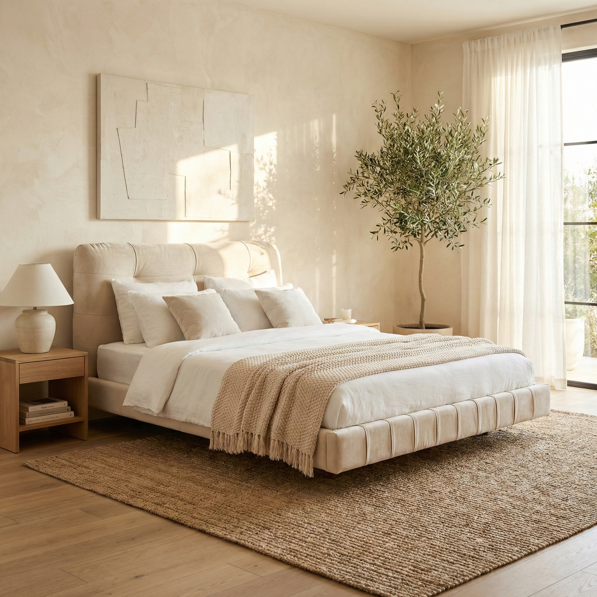 Floating platform bed styled in a bright modern bedroom, highlighting the recessed base that gives the chunky upholstered frame a hovering effect.