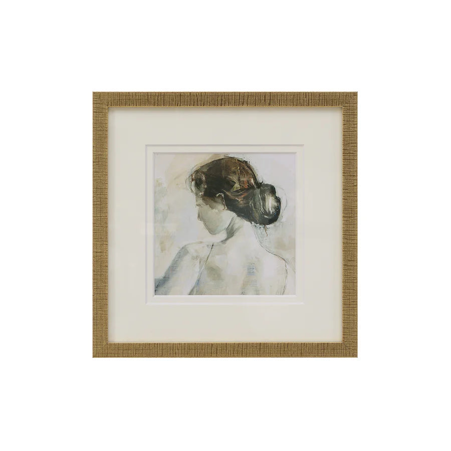 Full front view of the Florence framed portrait featuring an impressionist painting of a woman in a textured gold frame.