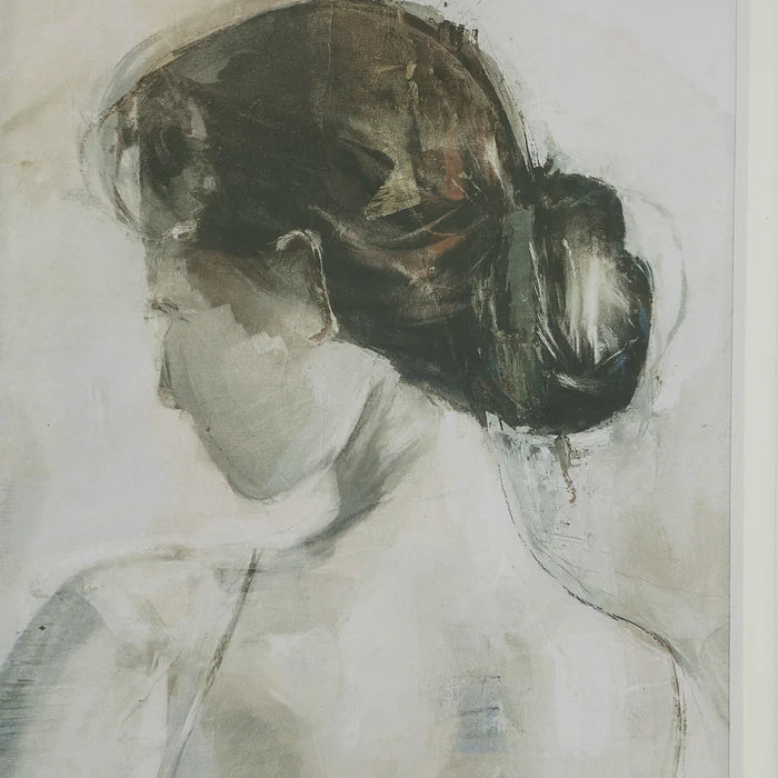 Close-up of the impressionist-style painted portrait of a woman featuring soft beige, grey, and brown tones.