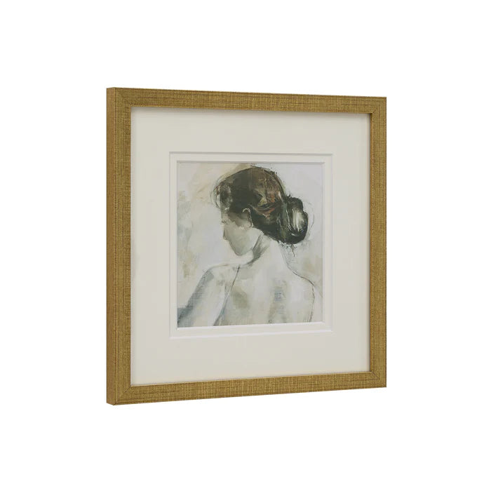 Angled view of the square Florence framed portrait highlighting its metallic gold frame, white mat, and artwork.