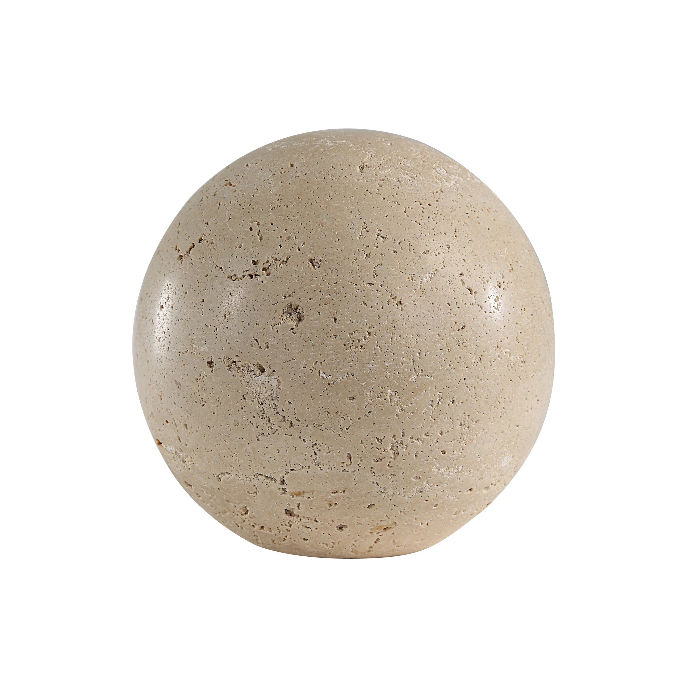 Full view of the Geo travertine decorative sphere against a white background, featuring a natural beige stone finish.