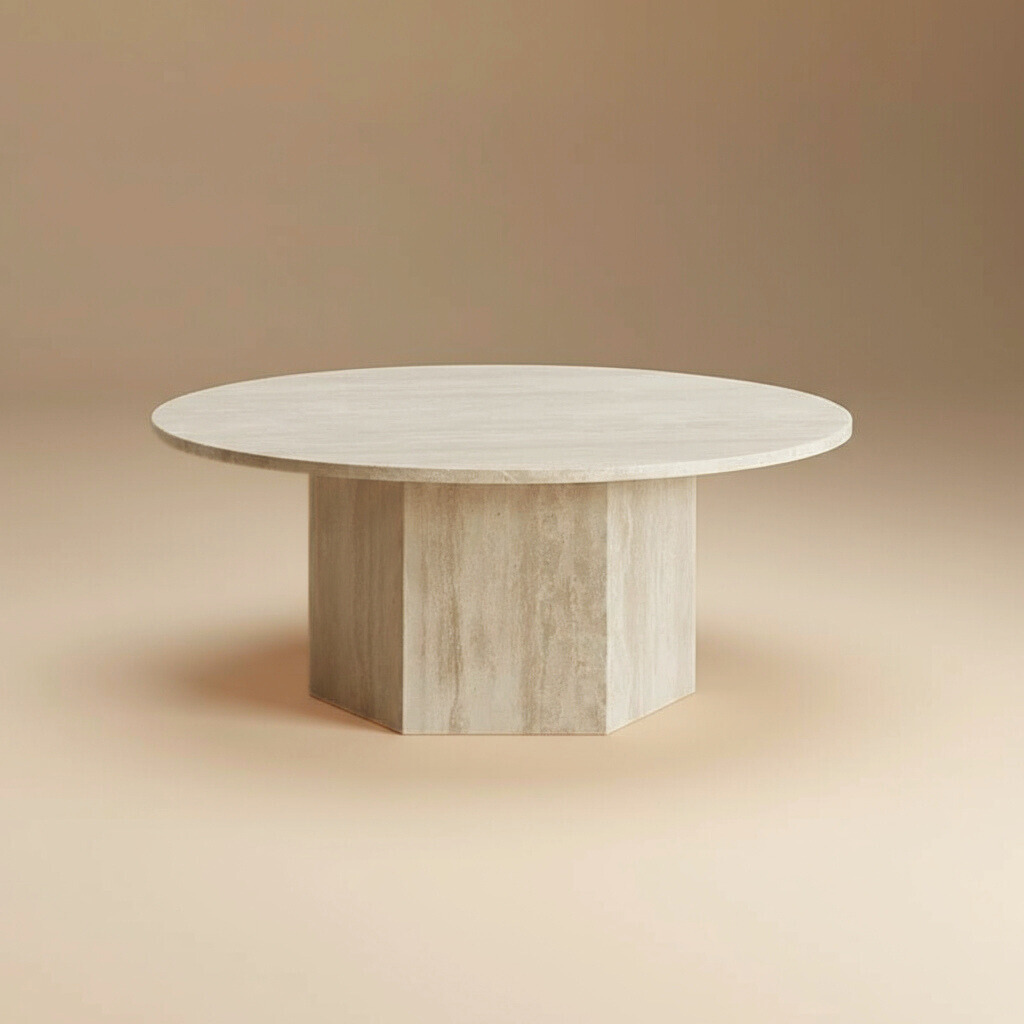 Harmony round travertine coffee table featuring a smooth honed top and a structural hexagonal pedestal base.