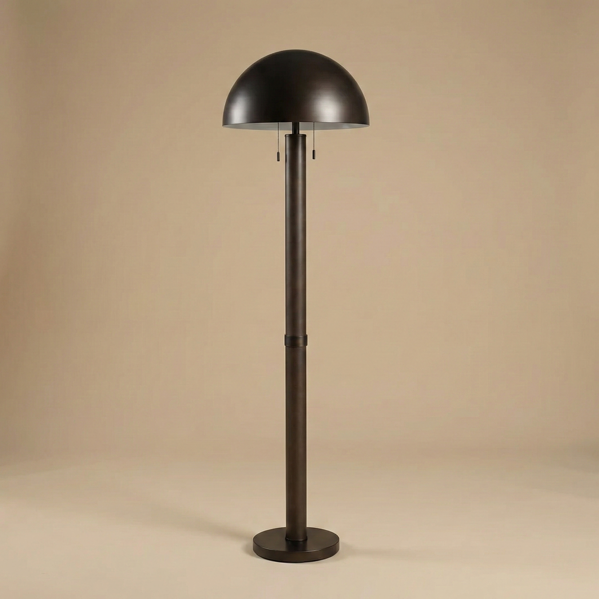 Full view of the Harrison dark bronze floor lamp featuring a metal dome shade and dual pull chains.