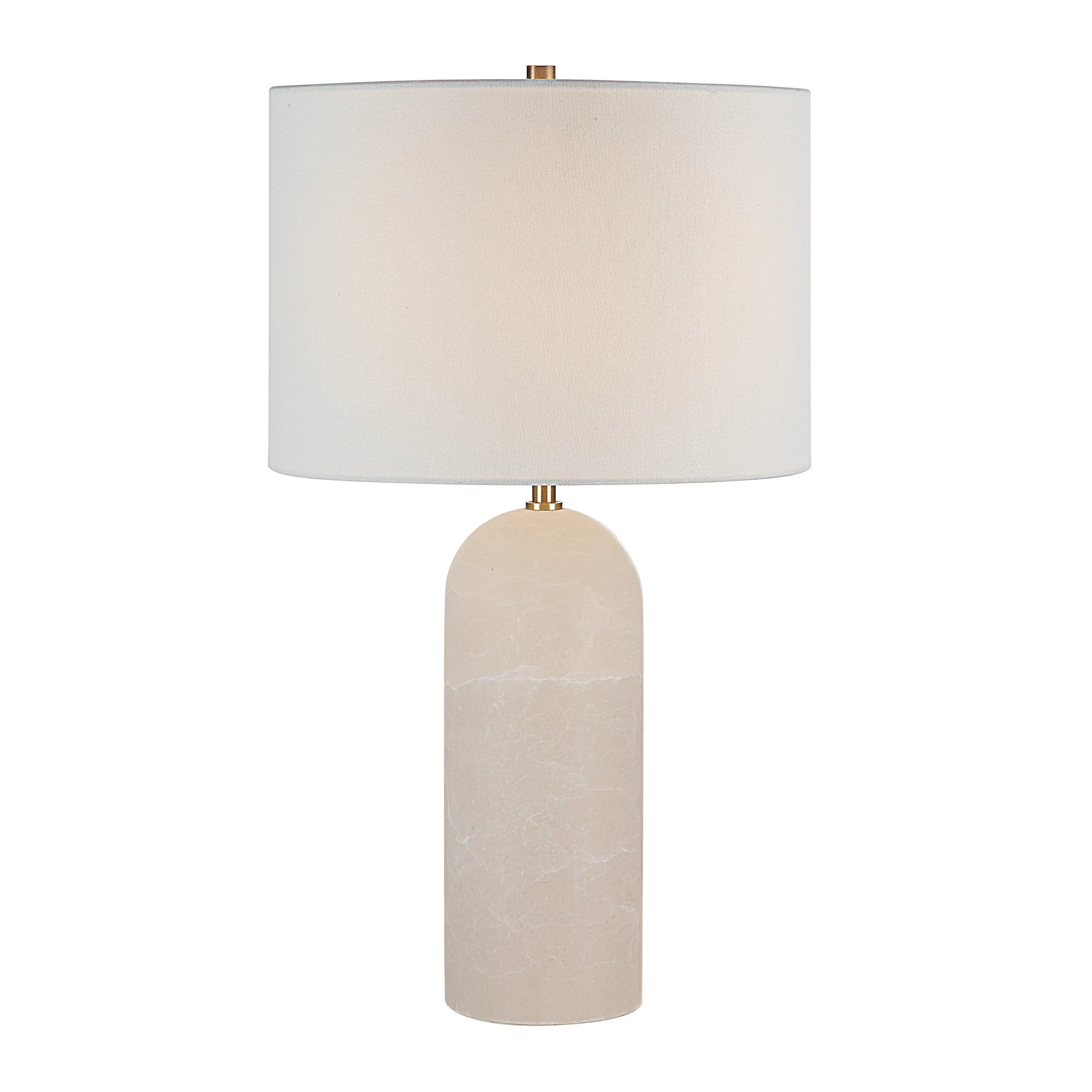 Iris Onyx Table Lamp with smooth cylindrical beige onyx base and white linen drum shade, front product view