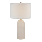 Iris Onyx Table Lamp with smooth cylindrical beige onyx base and white linen drum shade, front product view