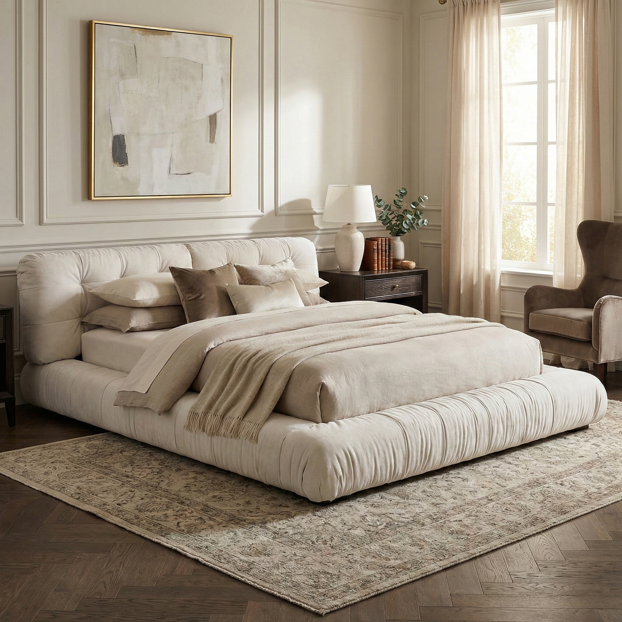 Cream velvet cloud bed styled in a classic neutral bedroom with a vintage rug and warm lighting.