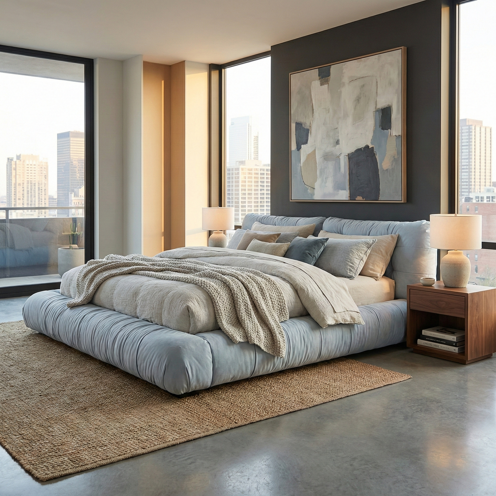Blue Italian-style platform bed styled in a modern city apartment with floor-to-ceiling windows and abstract art.