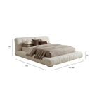 Beige bed with brown bedding and pillows, shown with dimensions on a white background