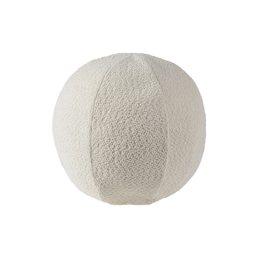 Ivory bouclé sphere pillow featuring a modern round ball shape and soft textured fabric.