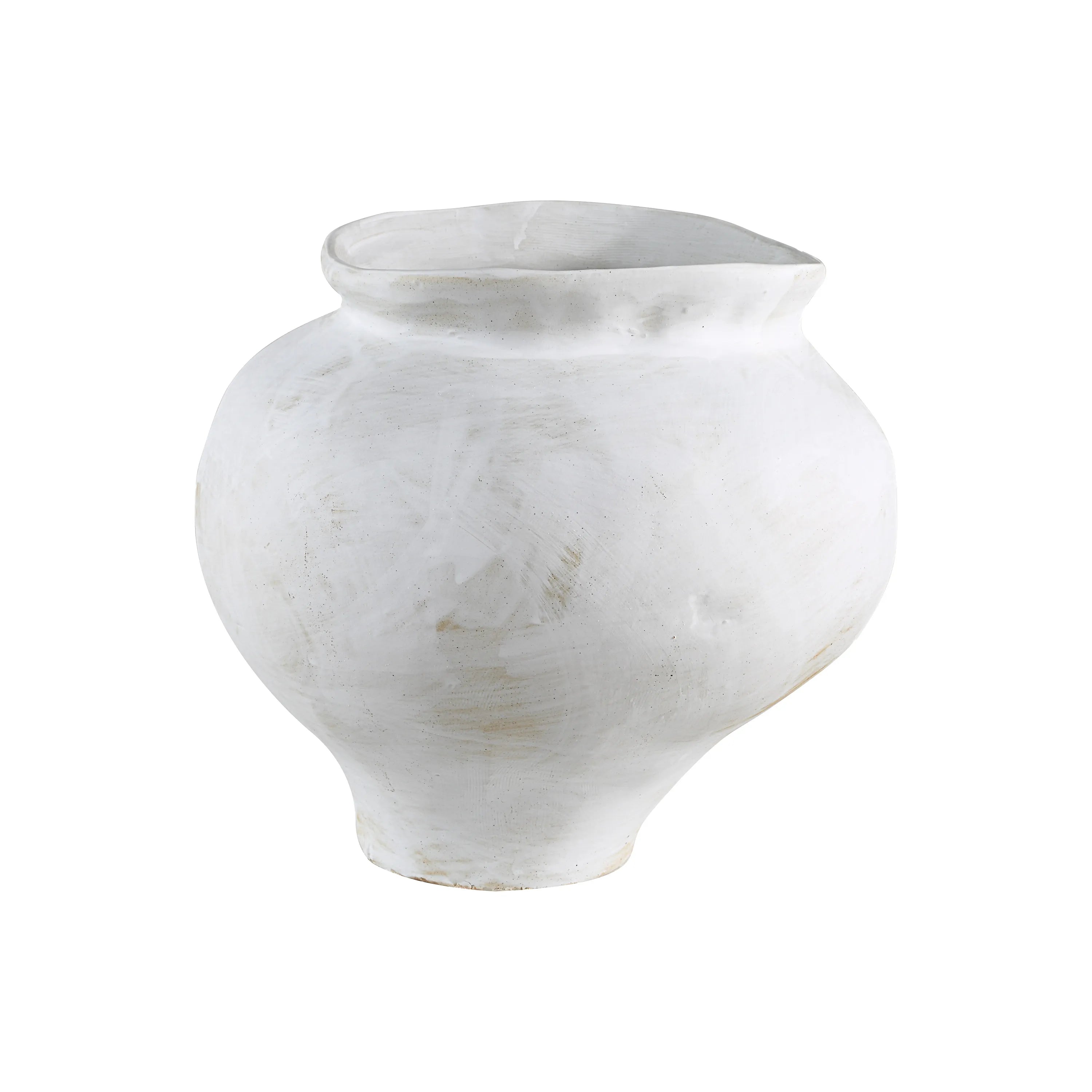 Keros Vase with round sculptural form and rustic white finish showcasing handcrafted ceramic texture