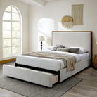 Lena storage bed styled in a bright bedroom with upholstered headboard and pull-out drawer