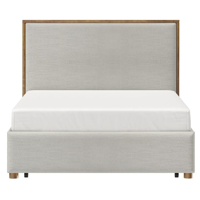 Lena Storage Bed front view with upholstered headboard and clean white studio background.