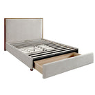 Lena Storage Bed with pull-out storage drawer open, slatted base visible, shown on a white studio background