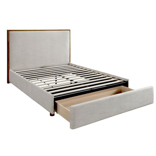 Lena Storage Bed with pull-out storage drawer open, slatted base visible, shown on a white studio background