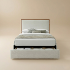 Lena storage bed front view with upholstered frame and pull-out drawer for underbed storage