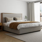 Lena Storage Bed styled in a modern bedroom with natural light, upholstered headboard, and warm neutral decor.