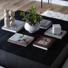 Leros Vase styled on black coffee table with greenery arrangement and stacked decor books