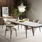 Linen Ash Wood Dining Side Chair styled around a modern marble dining table in a warm, contemporary dining room