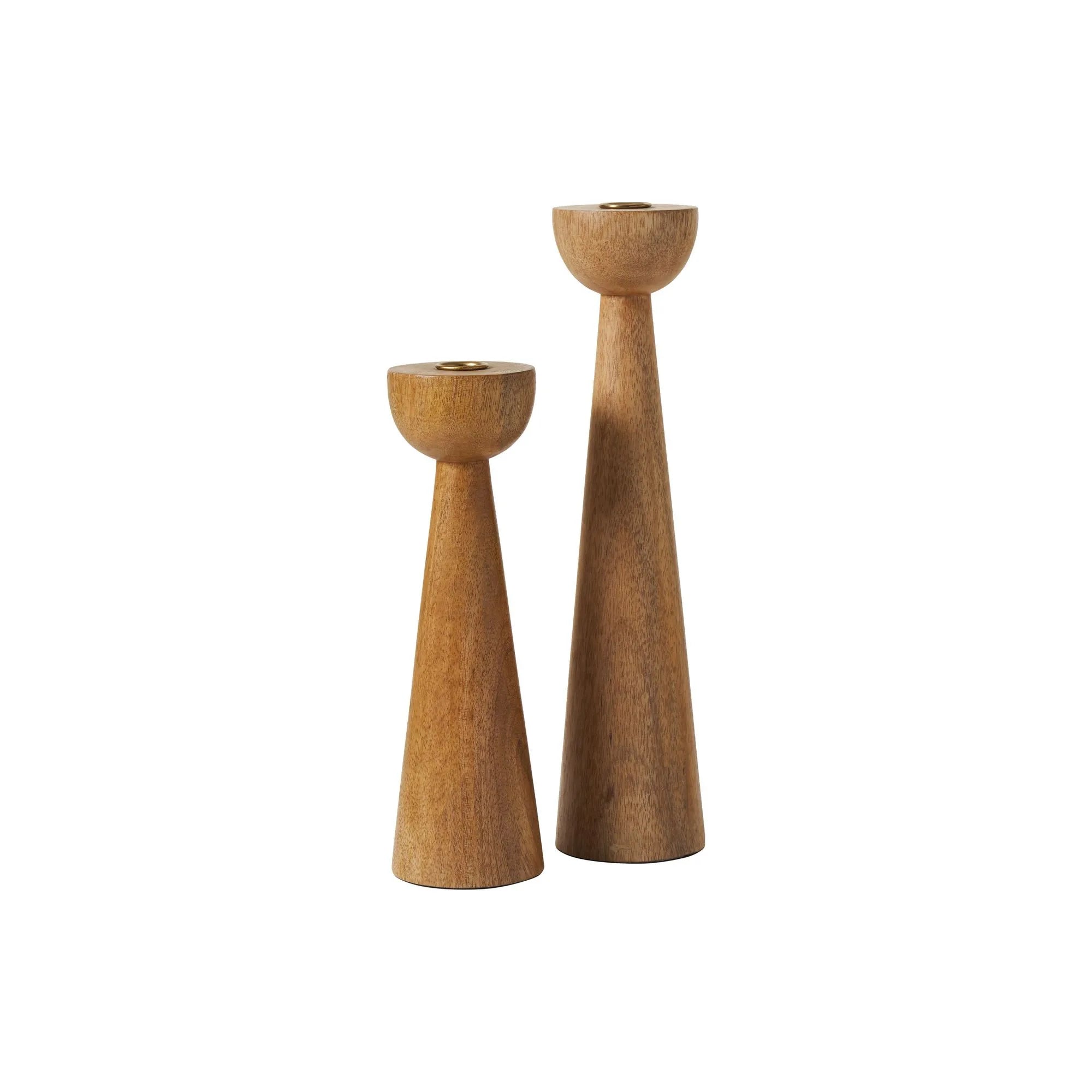 Liora Candle Duo featuring two wooden taper holders with sleek conical silhouettes and natural warm wood grain finish