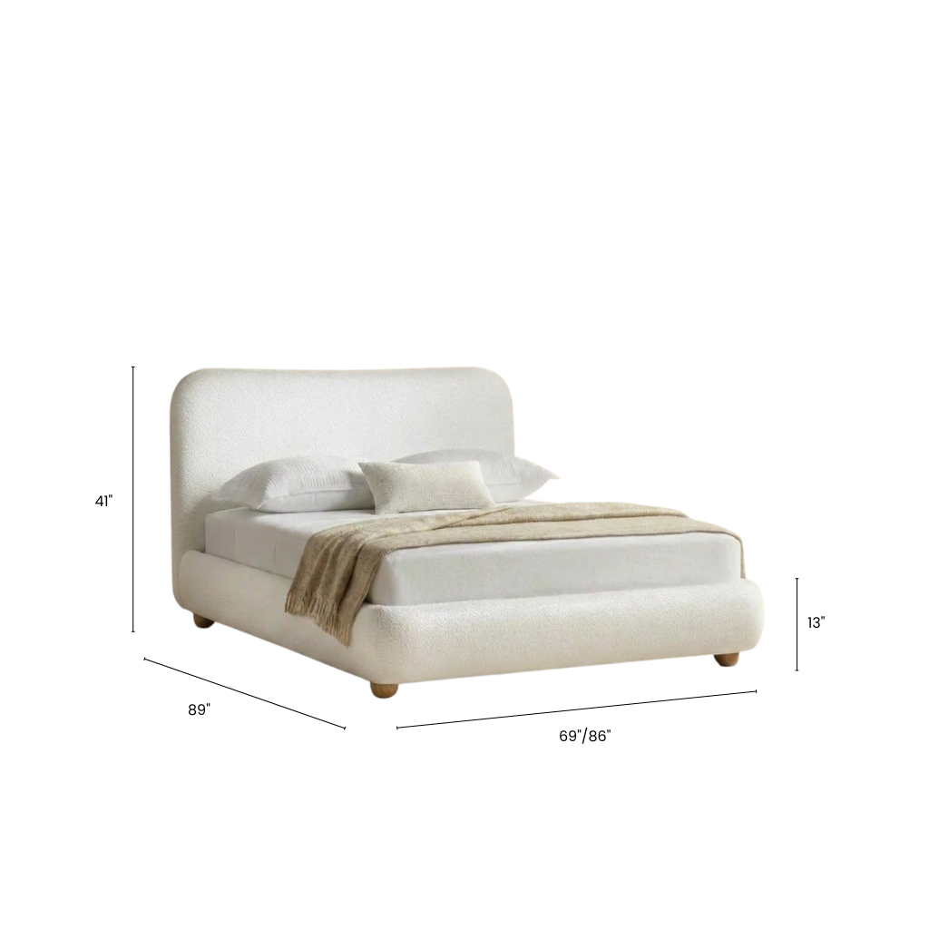 White upholstered bed with dimensions on a white background