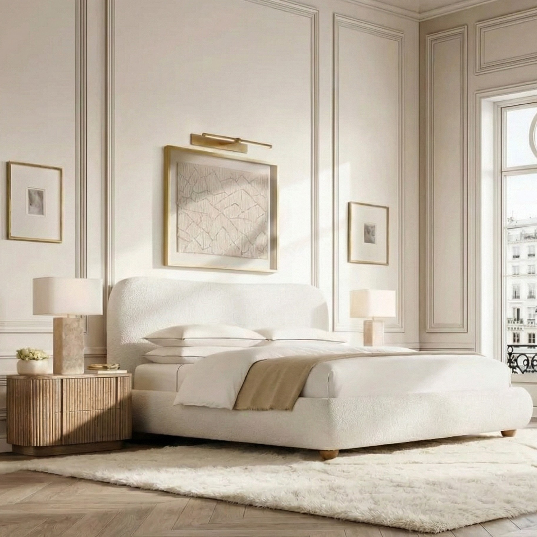 Luma Bouclé Bed styled in an elegant bedroom with paneled walls, soft natural light, and a city window view