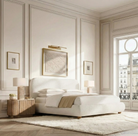 Luma Bouclé Bed styled in an elegant bedroom with paneled walls, soft natural light, and a city window view