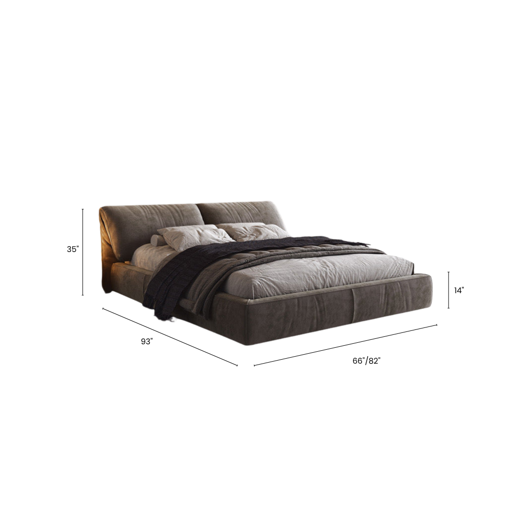 Gray upholstered bed with dimensions labeled on a white background