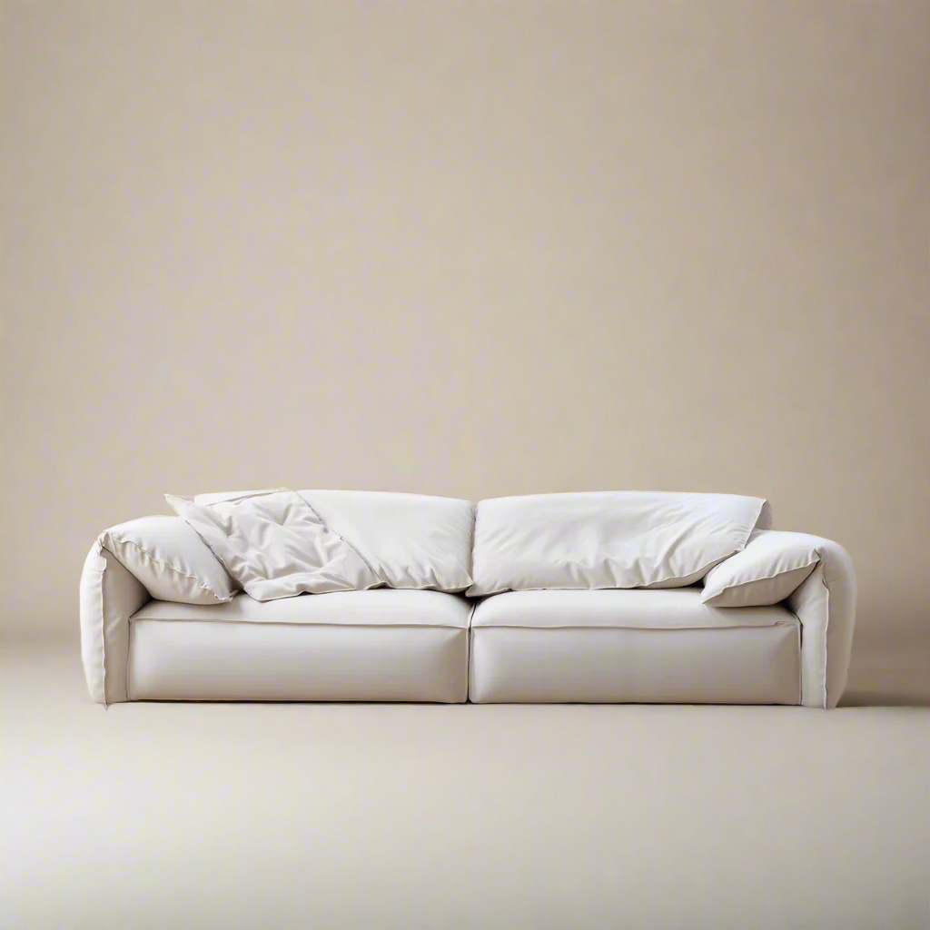 Luxury Elephant Ear Sofa in cream ultra suede with soft slouchy cushions and rounded arms on a beige studio background