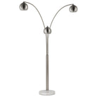 Front view of Lyra Arc Floor Lamp with three adjustable brushed steel dome lights and marble base