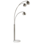 Side view of Lyra Arc Floor Lamp with three brushed steel dome shades and marble base