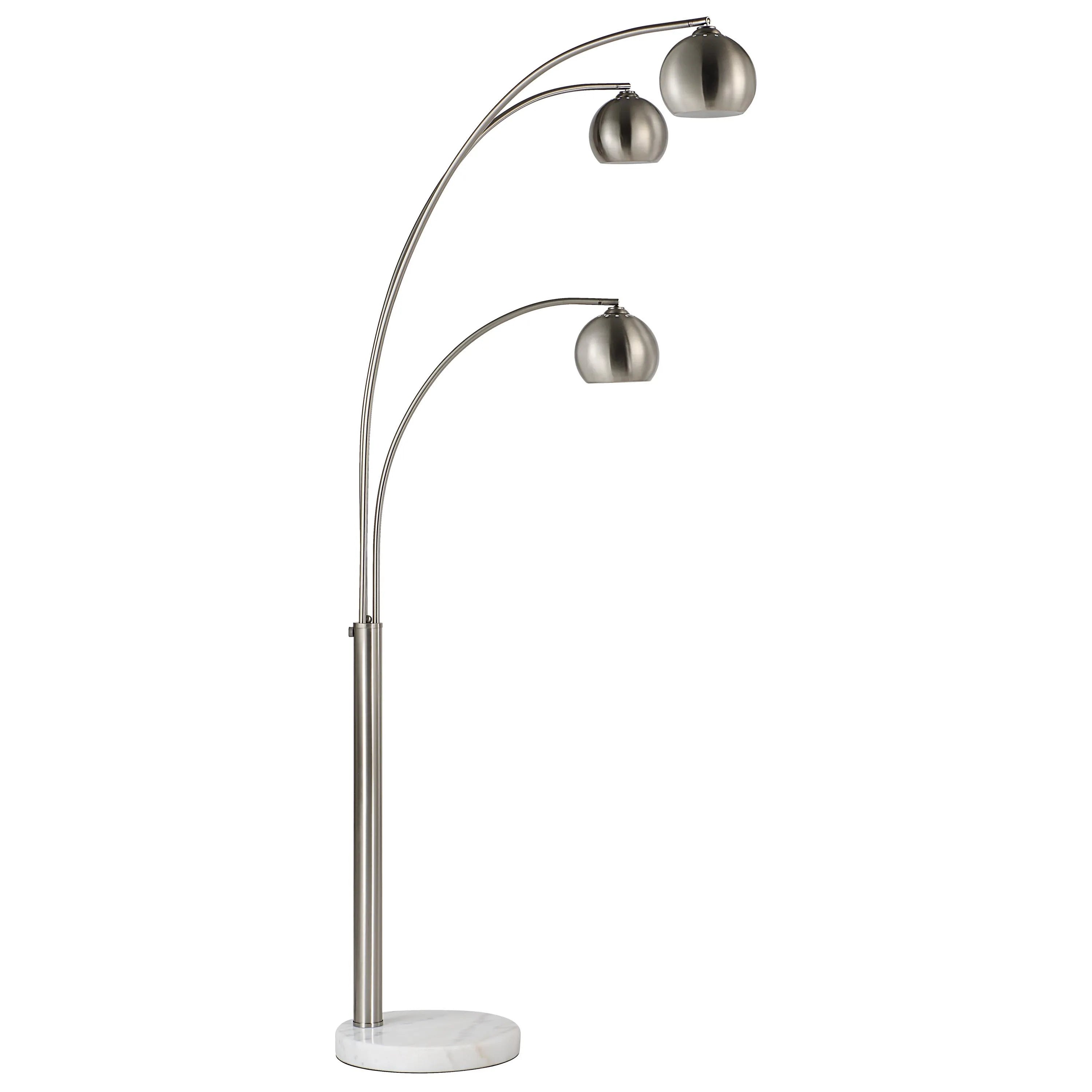 Side view of Lyra Arc Floor Lamp with three brushed steel dome shades and marble base