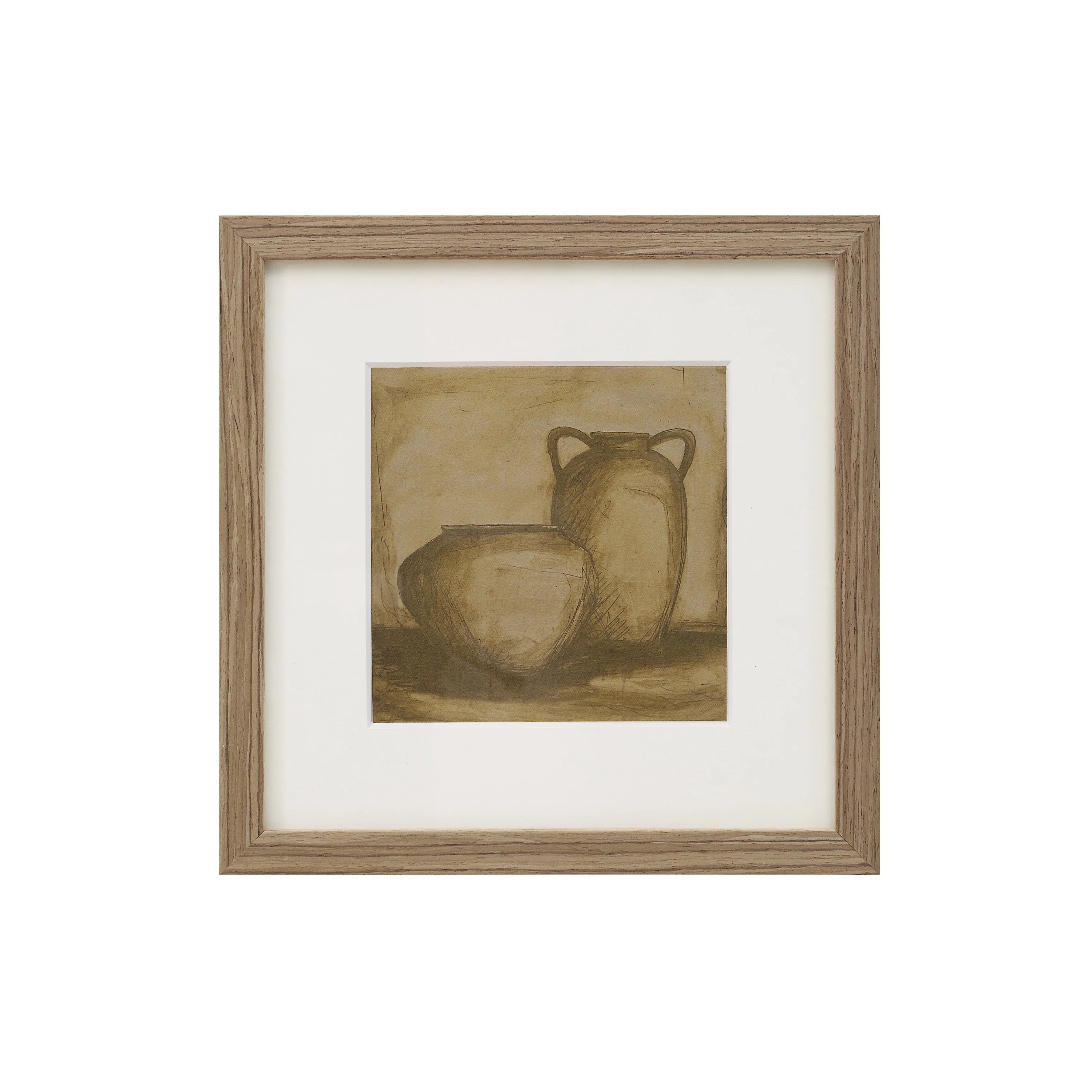 Full front view of the Margot vessel wall art featuring a sepia-toned sketch of two pots in a light wood square frame.
