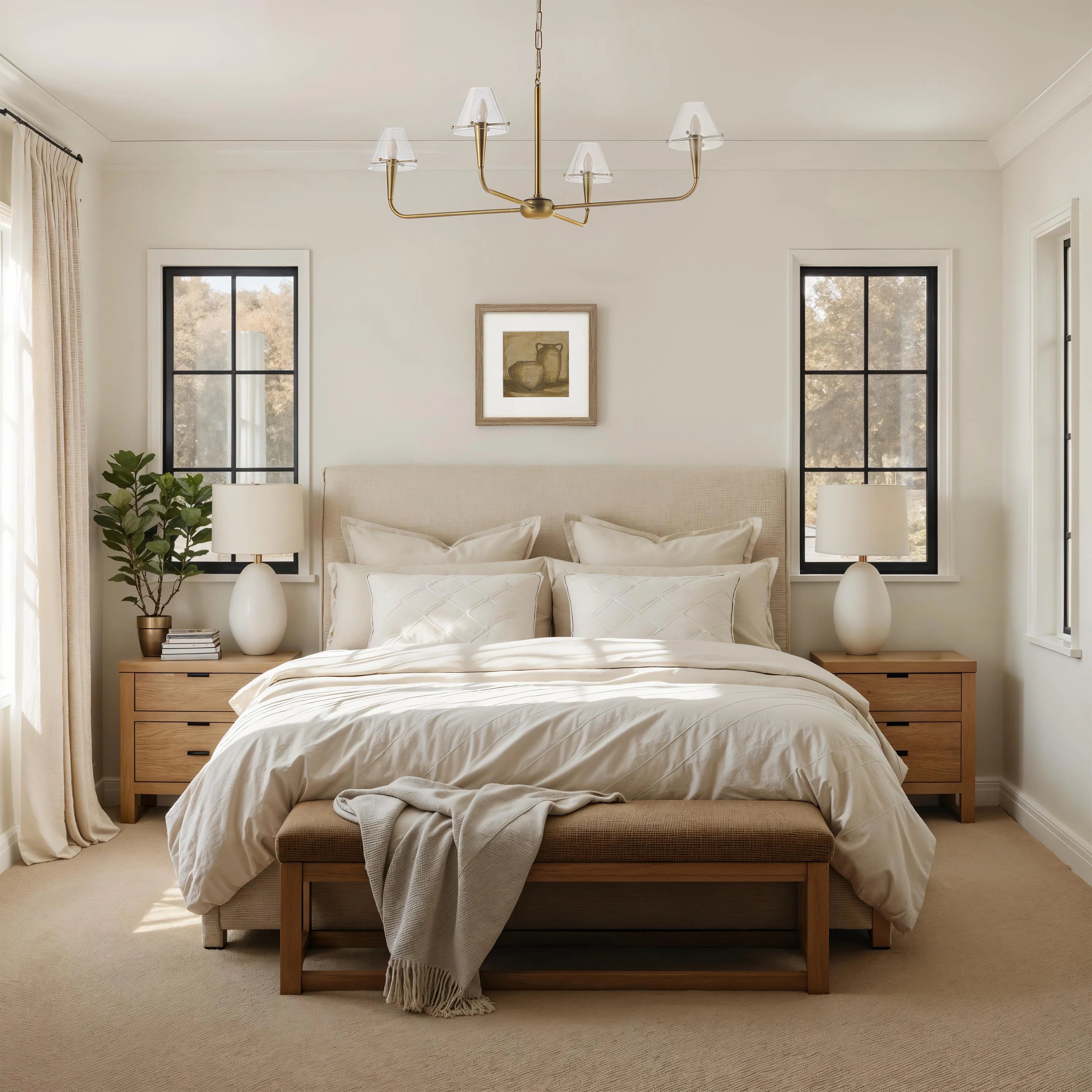 The Margot vessel wall art hanging above a beige upholstered bed with neutral linens in a bright, modern bedroom.