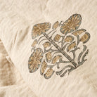 Close-up of floral embroidery on a textured fabric background