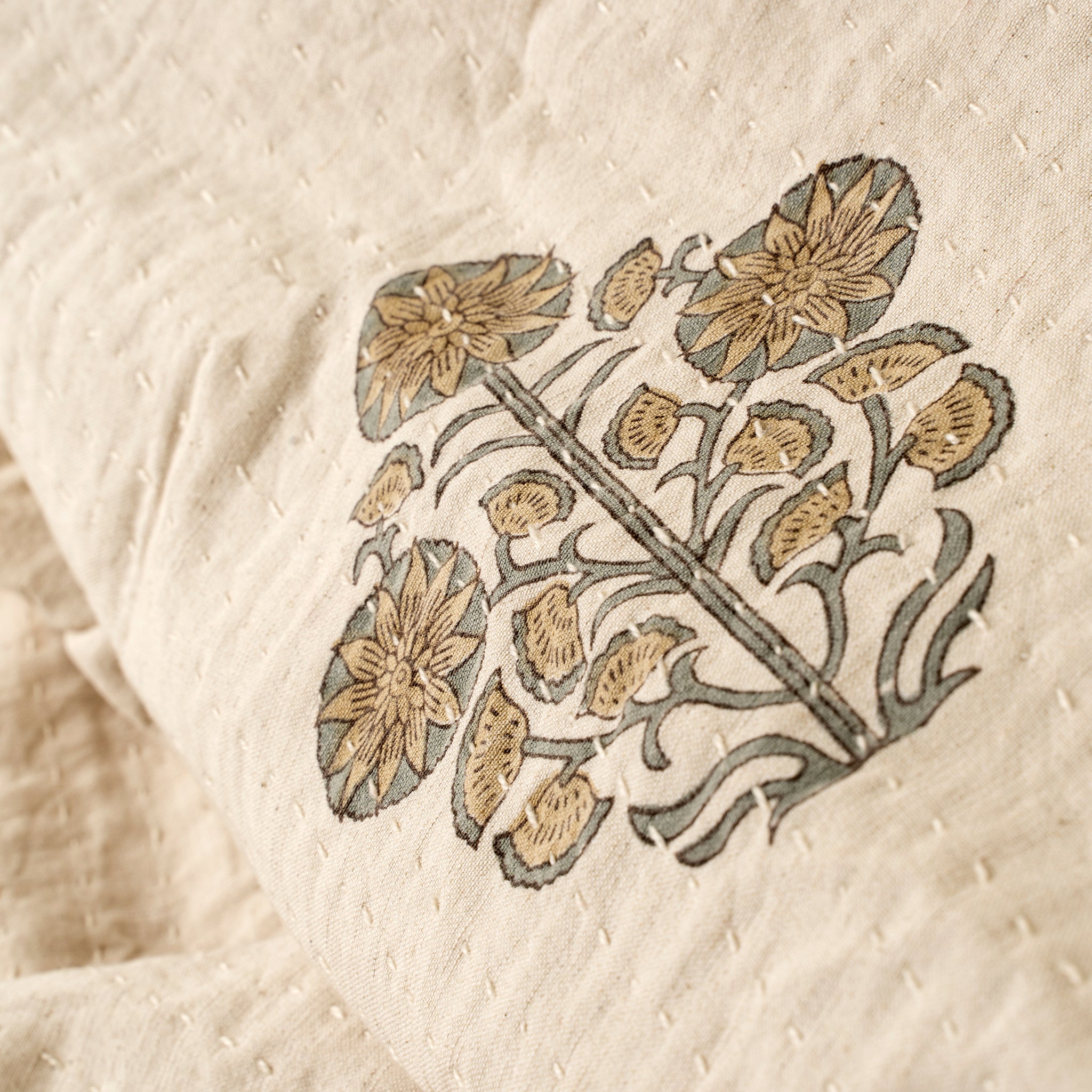 Close-up of floral embroidery on a textured fabric background