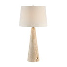 Marlo Travertine Table Lamp with natural beige stone cone base and white fabric shade on white background