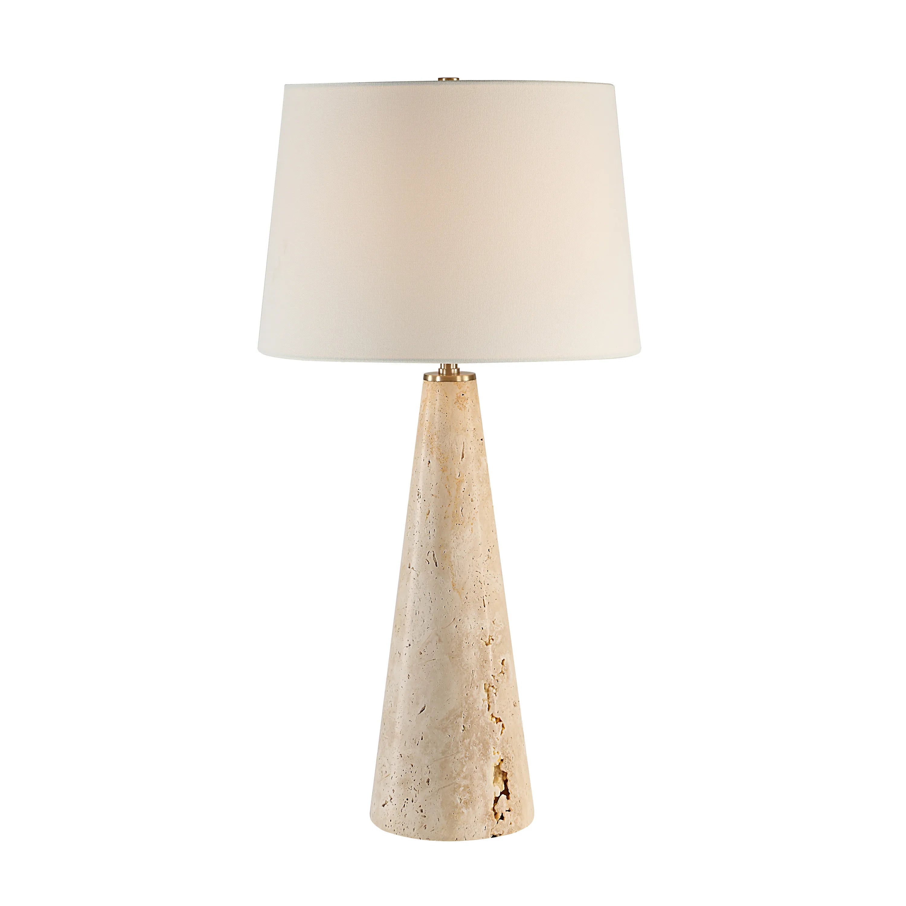 Marlo Travertine Table Lamp with natural beige stone cone base and white fabric shade on white background