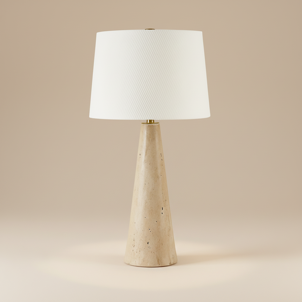 Marlo Travertine Table Lamp with conical natural stone base and white fabric shade against neutral background