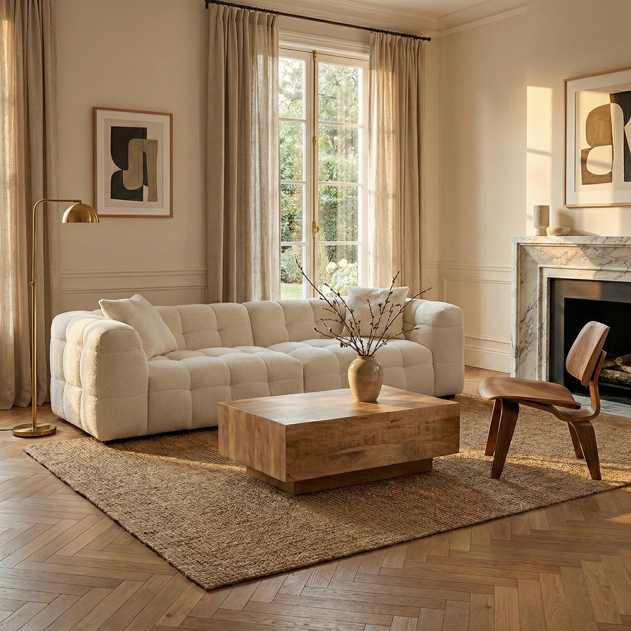The Marshmallow sofa styled in a warm living space with a block wood coffee table, jute rug, and mid-century plywood chair.