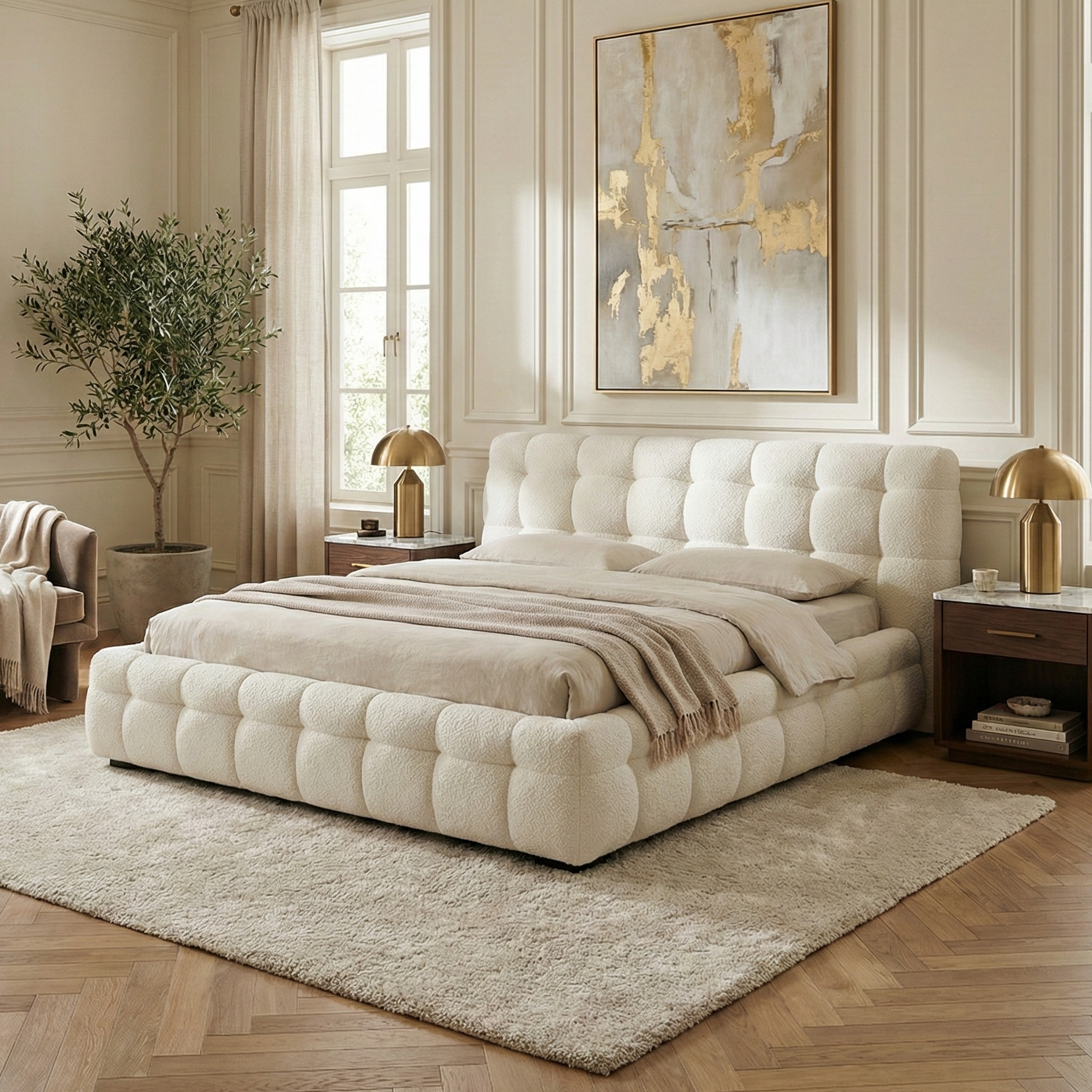 Marshmallow Puff white boucle bed styled in a bright luxury bedroom with wood floors, gold lamps, and large wall art.