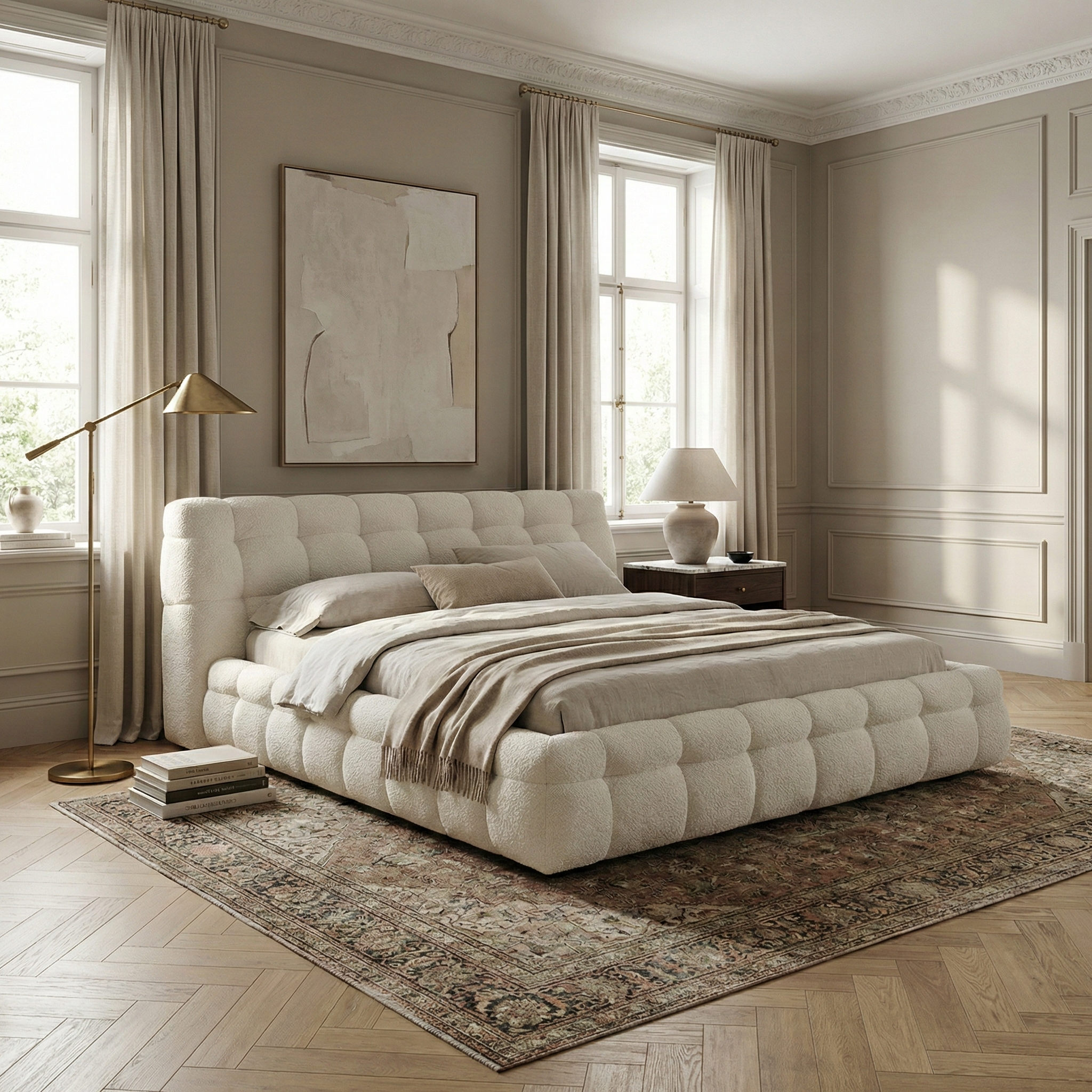 Cream Marshmallow Puff platform bed styled with neutral bedding and a vintage rug in a cozy modern home setting.