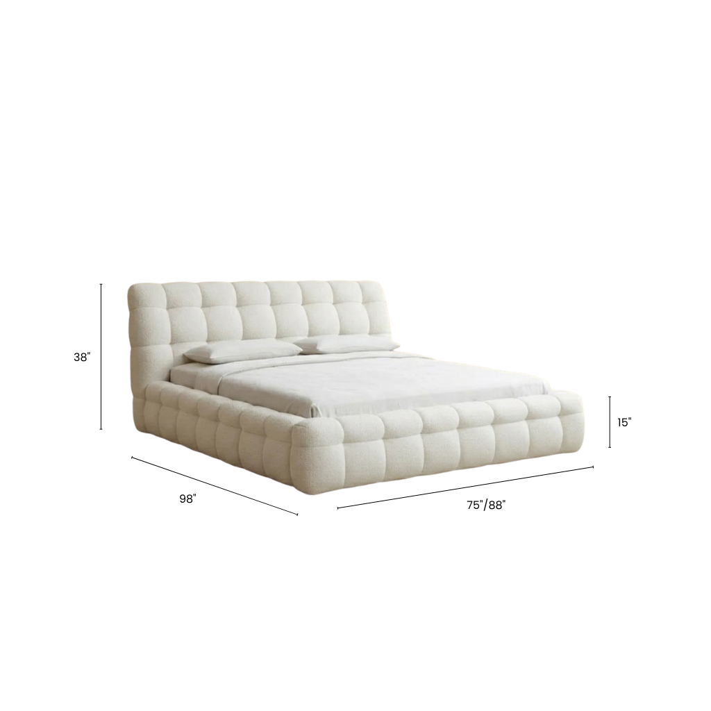 White tufted bed with dimensions on a white background