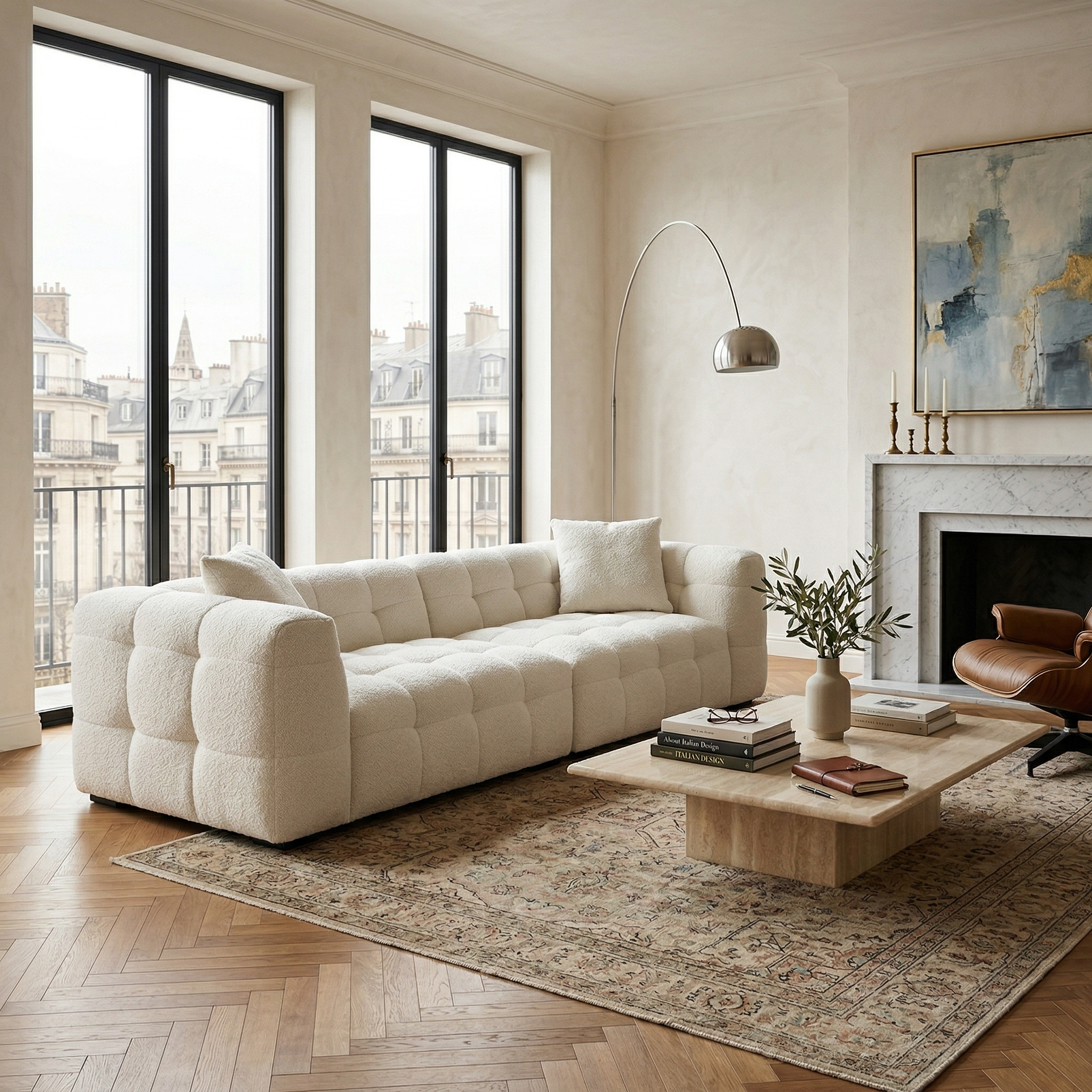 The Marshmallow cream bouclé sofa styled in an elegant, airy living room with large windows, herringbone floors, and a marble fireplace.