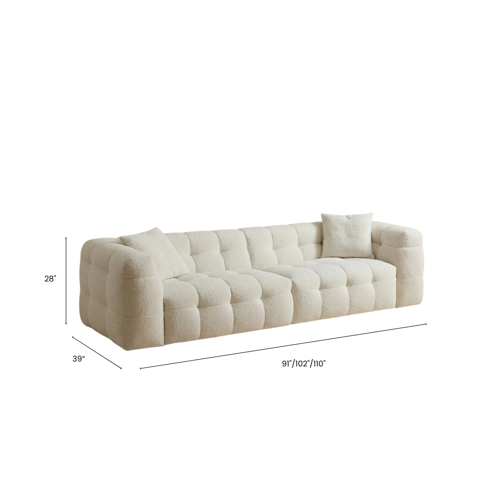 Beige sofa with dimensions labeled on a white background