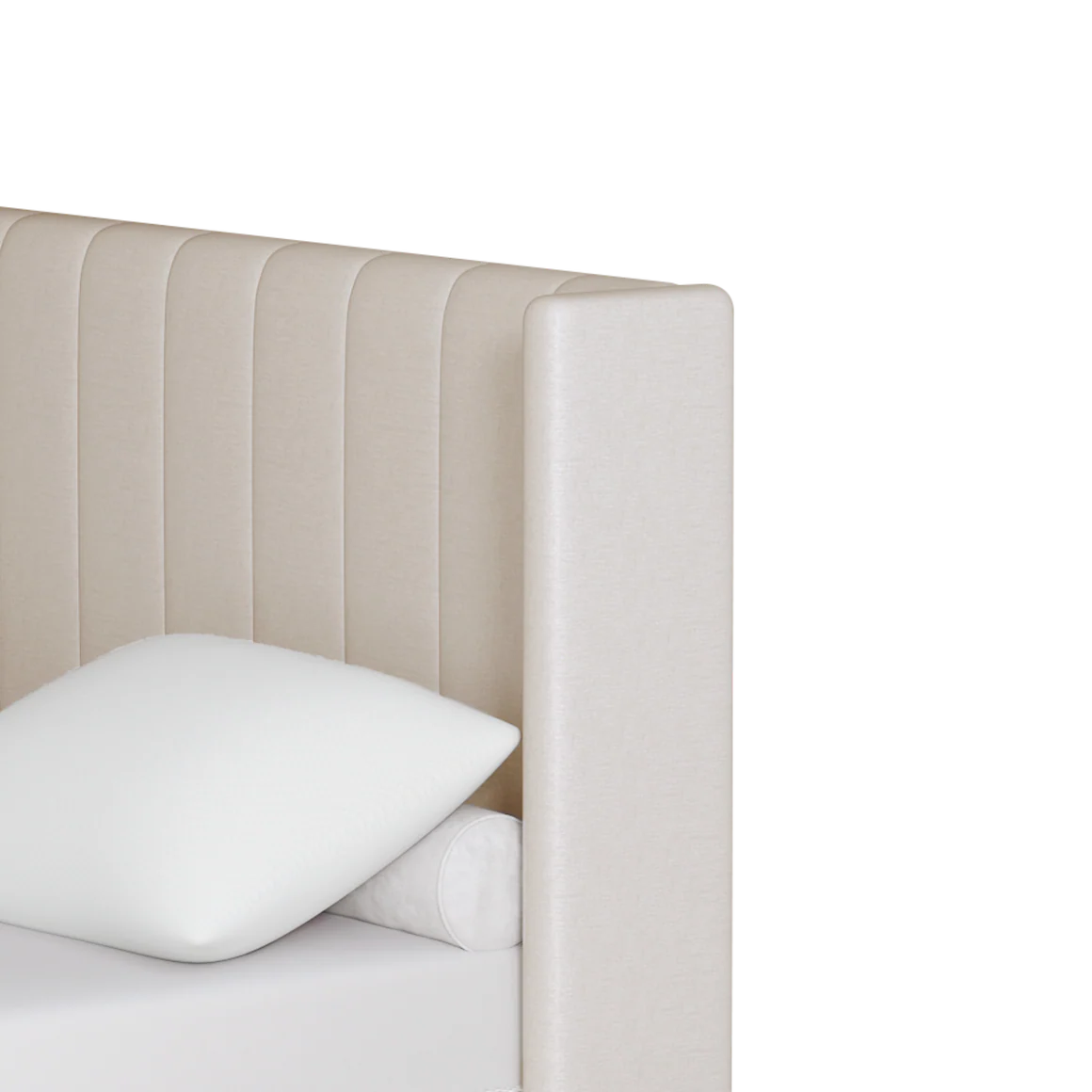 Close-up side profile of the Mila upholstered bed highlighting its modern, clean-lined wingback headboard design and textured cream fabric.