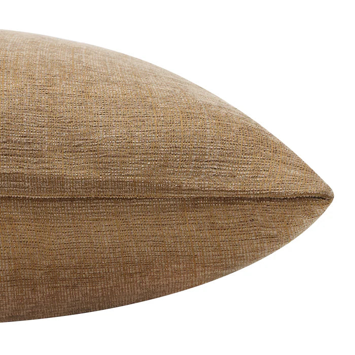 Close-up of the crisp corner seam and richly textured woven camel brown fabric on the Miles throw pillow.